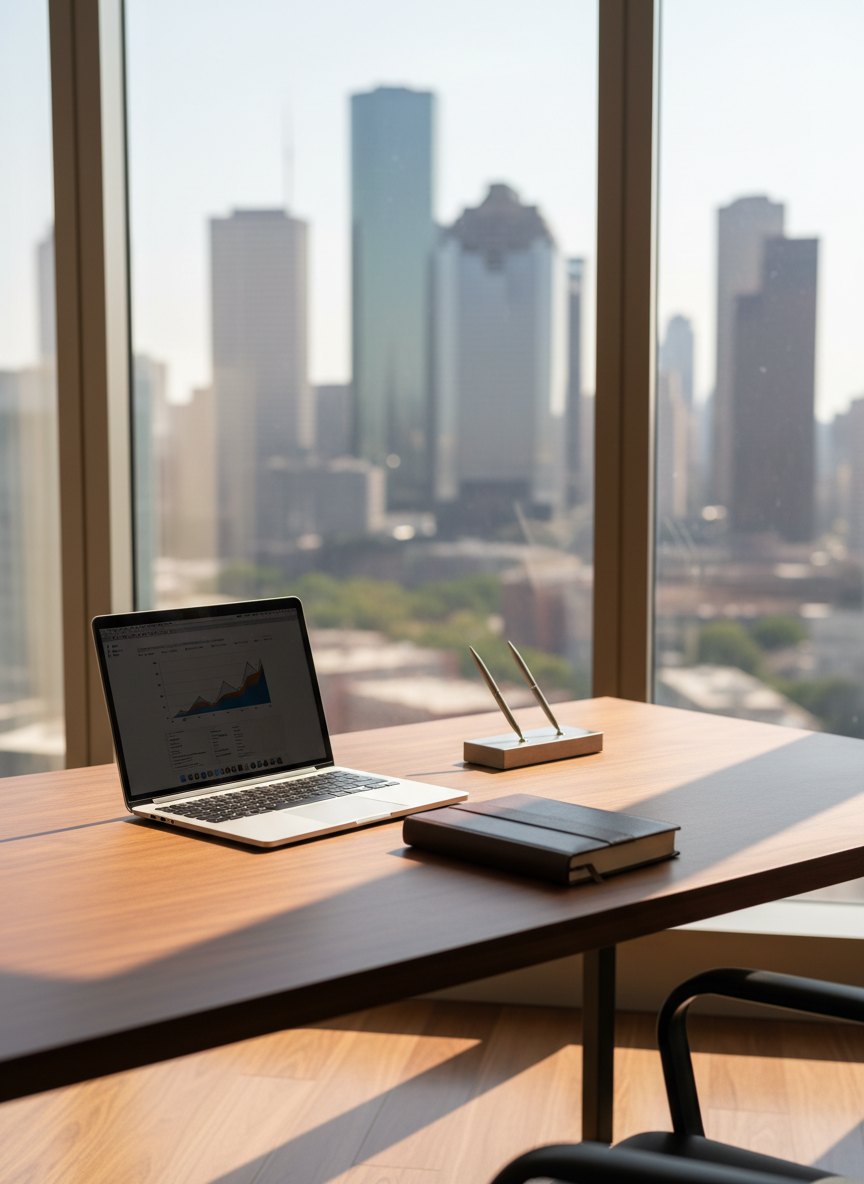 A sophisticated home office space staged for a real estate marketing photo, in a Houston high-rise condo. A sleek walnut desk sits near a large window overlooking a blurred, sunlit cityscape suggestive of downtown Houston. On the desk rests an open laptop, a leather notebook, and a minimal metal pen holder, all neatly arranged. Soft midday light streams in, reflecting subtly on the desk’s surface and creating gentle, professional shadows. The mood is focused and businesslike yet comfortable. Photographic realism, captured from a slightly elevated three-quarter view, with a shallow depth of field that keeps the desk area crisp while the city view remains softly out of focus, representing the professionalism of a real estate agent working for clients.