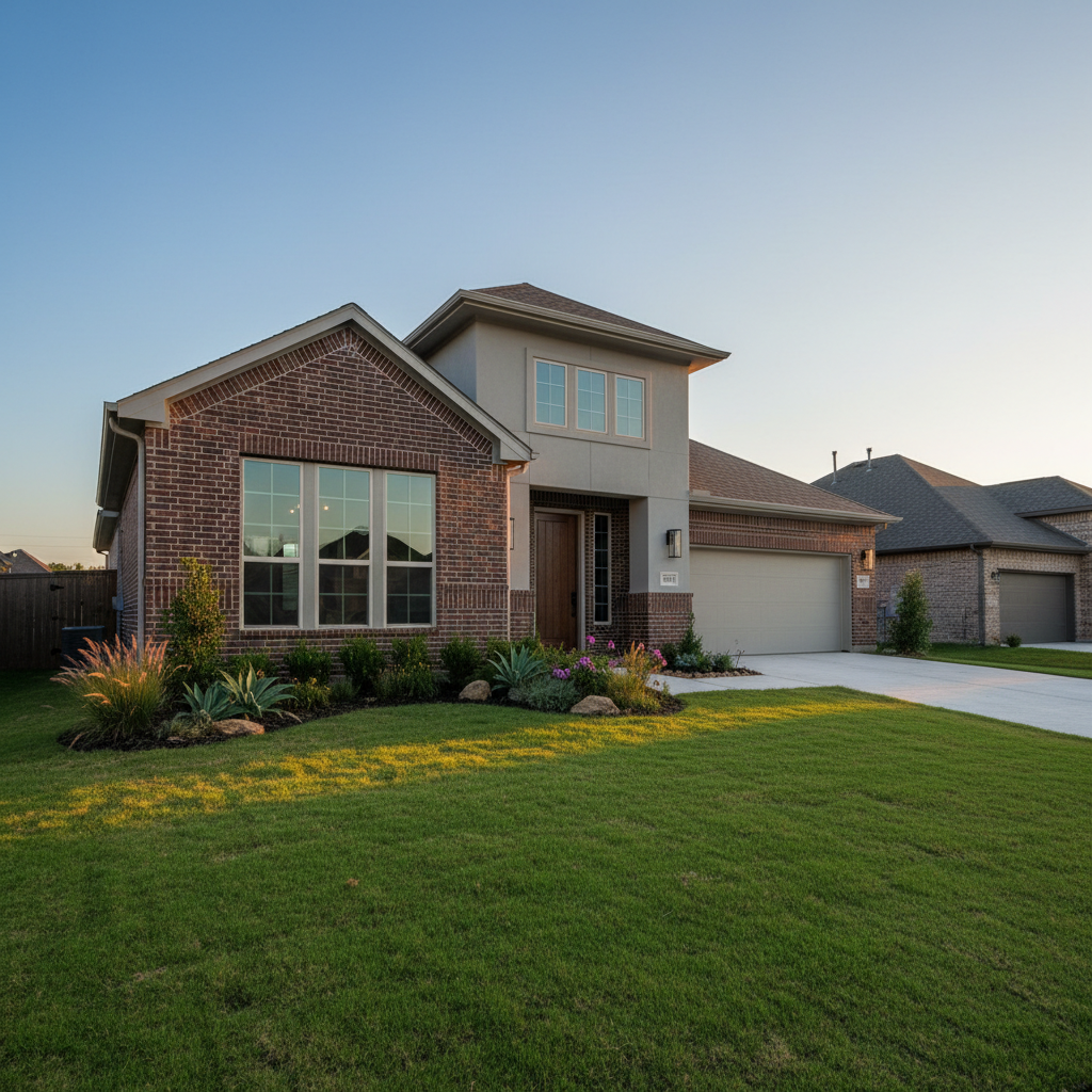 The exterior of a contemporary brick and stucco house in a Houston suburb, captured during golden hour. The front façade features a dark wood door, large energy-efficient windows, a neatly manicured lawn with native Texas plants, and a clean concrete driveway. Warm sunlight bathes the front of the home, creating long, elegant shadows and a soft glow on the brick texture. The sky is clear with a subtle orange tint near the horizon. Shot from a slightly low angle to emphasize the property’s stature, with a wide lens that includes neighboring rooftops for context. Photographic realism, professional listing style, calm and aspirational mood, ideal for a real estate homepage hero image, with no human presence.