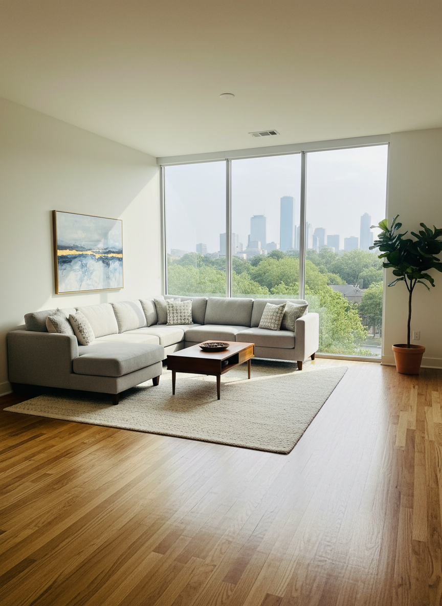 A bright, modern living room of a Houston home, with a large floor-to-ceiling window revealing a subtle hint of a Texas city skyline and leafy neighborhood trees outside. The space features a light gray sectional sofa, a polished wood coffee table, and a soft cream rug over warm oak floors. Natural afternoon light pours in, creating gentle highlights on the furniture and soft shadows along the walls. The mood is professional yet welcoming, ideal for showcasing a property listing. Photographic realism, eye-level composition with sharp focus throughout, clean and modern aesthetic, suggesting an inviting home ready for purchase or inquiry, with no people visible anywhere.