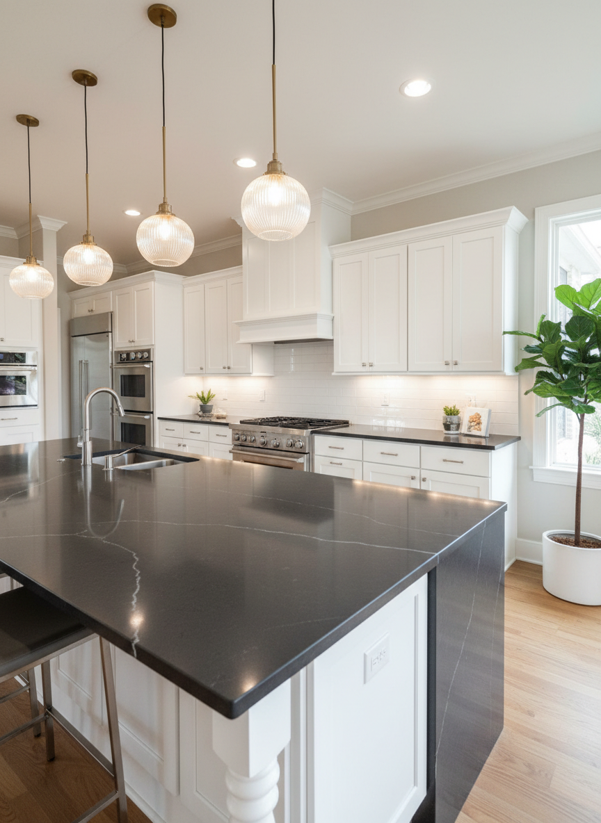 A stylish kitchen in a Houston family home, designed to highlight key selling features. White shaker cabinets contrast with a dark quartz island countertop, complemented by stainless steel appliances and a sleek gas range. Three glass pendant lights hang above the island, casting warm, even illumination on the polished surface. Sunlight filters in from a nearby window, adding a natural glow and subtle reflections on the backsplash tiles. The composition is shot at eye level from one corner, showing depth down the length of the kitchen with sharp focus throughout. The atmosphere feels clean, move-in ready, and upscale but approachable. Photographic realism, perfect for a real estate listing gallery image, with no people in sight.