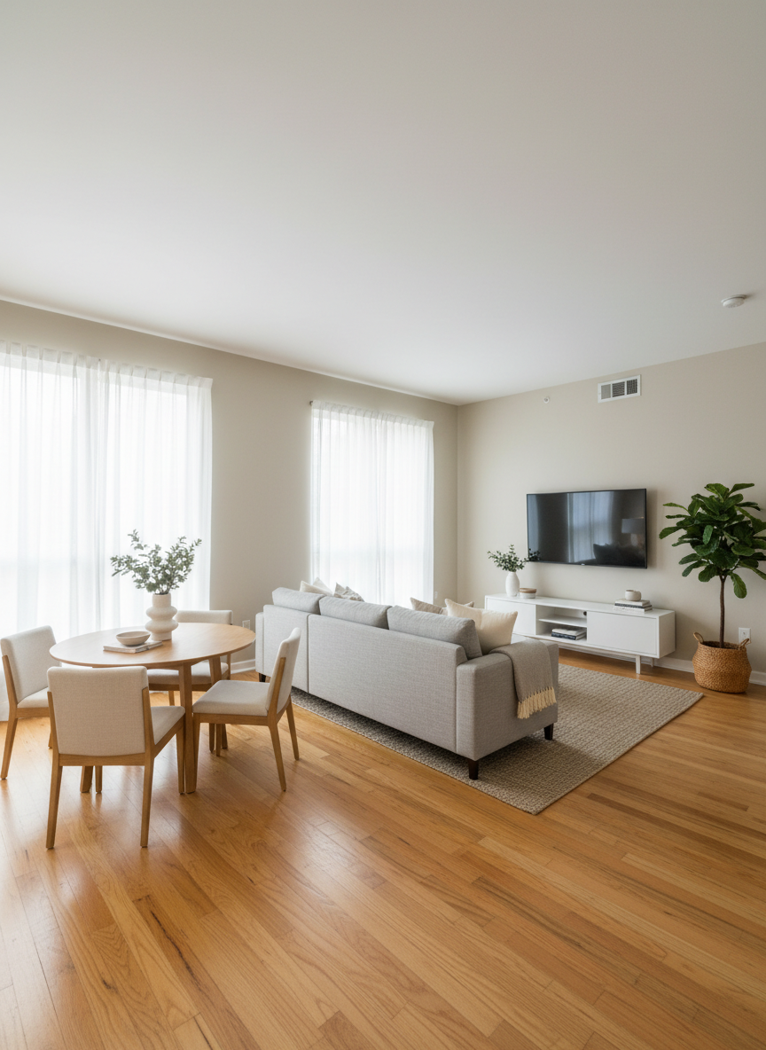 A panoramic view of a bright, open-concept living and dining area in a Houston condo, staged for professional real estate photography. Light beige walls and wide-plank wood floors create a neutral, upscale backdrop. A compact dining table with four modern chairs sits near a window, while a comfortable sofa, tidy media console, and decorative plant define the living space. Morning sunlight filters through sheer curtains, casting soft, diffused light and minimal shadows. Photographic realism, captured with a wide-angle lens from one corner to show the full layout, maintaining straight verticals for architectural accuracy. The atmosphere feels airy, functional, and ready to move in, ideal for showcasing property features on a listing site, with no people visible.