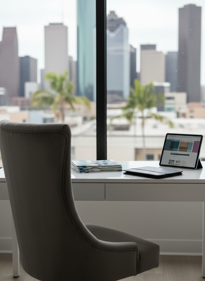 A clean, modern real estate agent workspace representing DinoraRubio.com’s professional brand, without showing any person. A high-backed, upholstered office chair is turned slightly away from a minimalist white desk, which holds an organized stack of property brochures, a closed leather portfolio, and a sleek tablet displaying a blurred real estate website interface. Behind the desk, a large window reveals a soft-focus view of a Houston skyline and palm-like trees. Soft studio lighting combines with natural window light, creating a balanced, bright scene with gentle shadows. The mood is trustworthy and organized, suitable for an “About the Agent” or contact section. Photographic realism, centered composition with subtle depth, conveying professionalism and bilingual service without any text or visible faces.