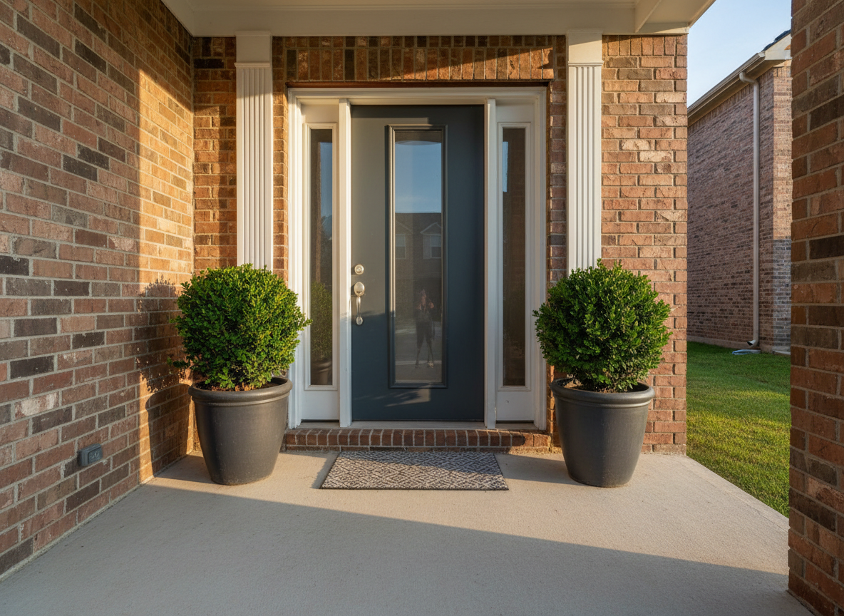 A welcoming entryway of a Houston townhome, emphasizing curb appeal for a real estate listing. The image shows a dark, modern front door with a vertical glass inset, framed by clean white trim and red brick walls. Two neatly trimmed potted plants sit symmetrically on either side of the door, and a simple, elegant doormat rests on a smooth concrete porch. Late afternoon sunlight creates a warm, inviting glow on the brick and door surface, with soft, elongated shadows. Photographic realism, eye-level, slightly centered composition with crisp detail in textures. The mood is inviting and secure, perfect for a property details page, hinting at a well-maintained home in a desirable Houston neighborhood, with no people present.