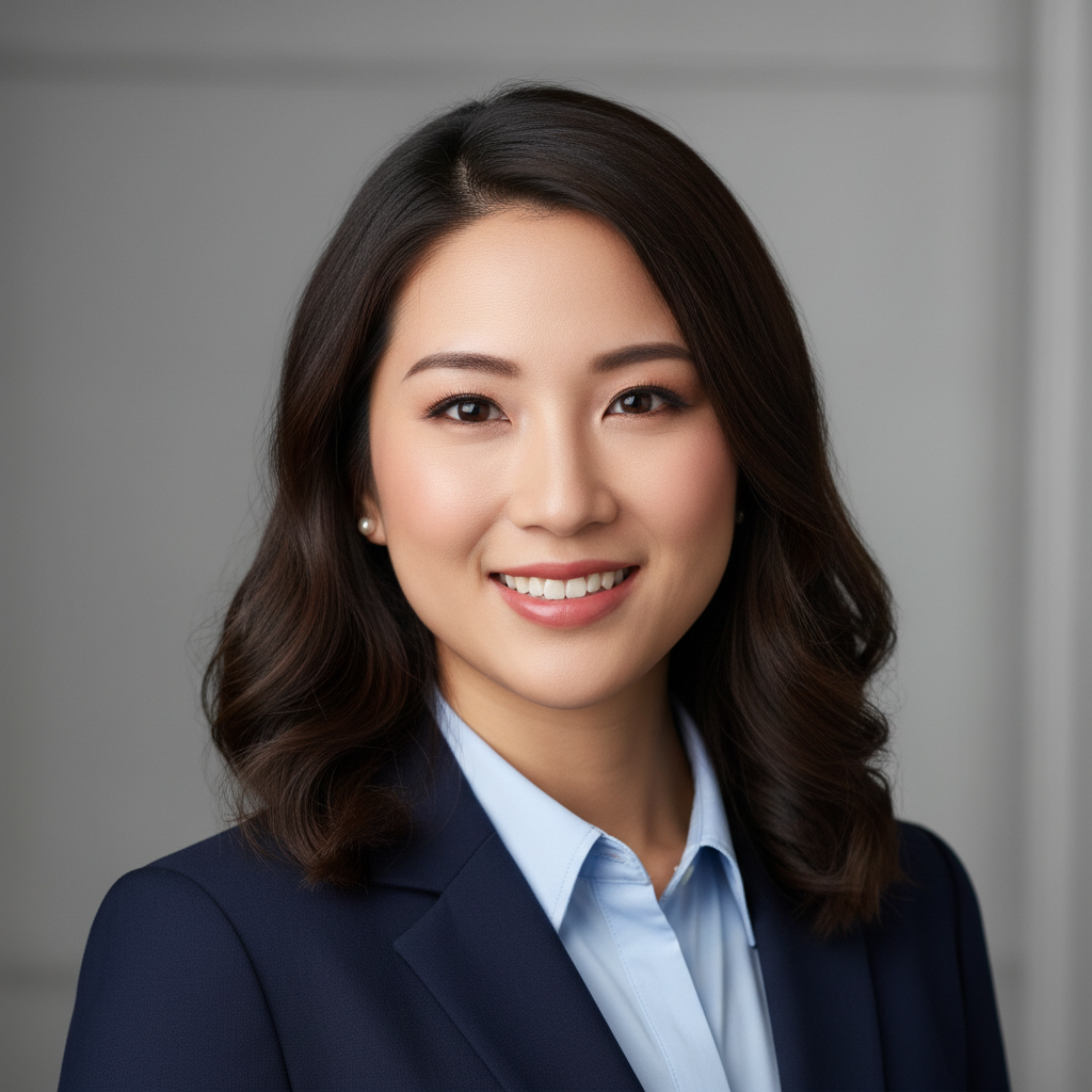 A friendly professional headshot of an Asian woman in her late 20s named Aya, smiling warmly, with a clean neutral background, photorealistic portrait style